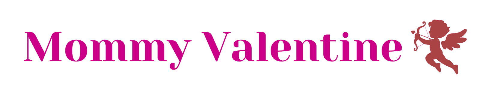 Mommy Valentine logo with pink text and cupid icon.